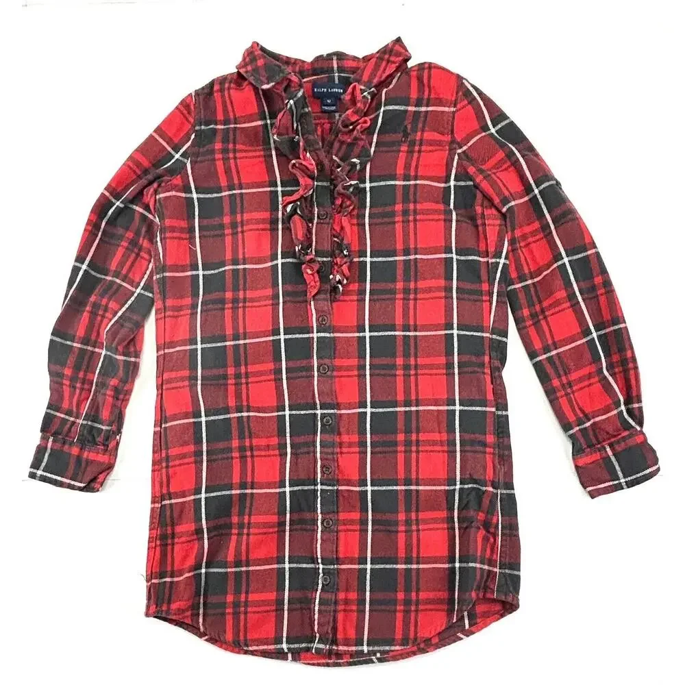 Ralph Lauren Girls Holiday Flannel Dress Size 12 Red Plaid Pockets Ruffles